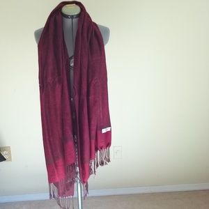 Red Patterned and Fringed Pashmina Shawl